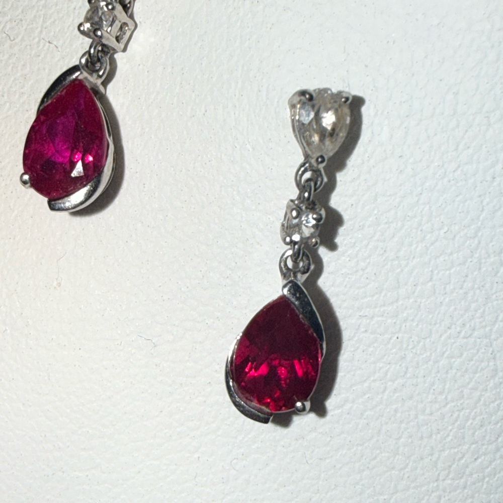Authentic Genuine Ruby & Diamond Drop Earrings w/ Certificate 14K Gold - Picture 10 of 16